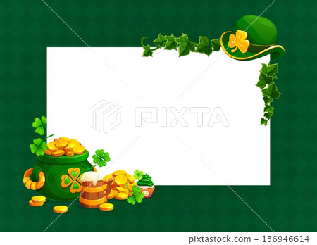 Happy St Patrick's day banner. Ireland party vector greeting card, March holiday banner or St Patrick day frame with leprechaun hat, cauldron full of golden coins, beer tankard and cupcake dessert Happy St Patrick's day banner. Ireland party vector greeting card, March holiday banner or St Patrick day frame with leprechaun hat, cauldron full of golden coins, beer tankard and cupcake dessert 136946614