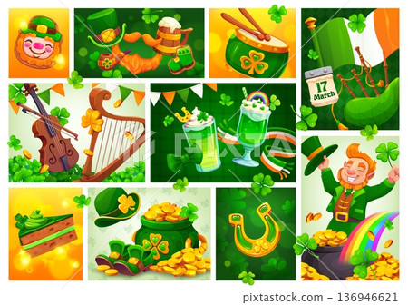 Happy St Patrick's day irish holiday collage or flyers. Irish celebration vector greeting card, Ireland St Patrick day collage flyer with music instruments, beer, leprechaun hat and shoes, gold in pot 136946621