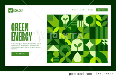 Ecology business company landing page with green geometric Bauhaus pattern. Renewable power vector Internet webpage. Clean green energy production company landing page with Bauhaus artwork pattern Ecology business company landing page with green geometric Bauhaus pattern. Renewable power vector Internet webpage. Clean green energy production company landing page with Bauhaus artwork pattern 136946622