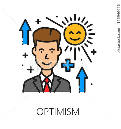 Optimism life skill color line icon or label. Personal quality outline vector pictogram, people life skill symbol. Personality optimism sign with businessman or company employee and sun character Optimism life skill color line icon or label. Personal quality outline vector pictogram, people life skill symbol. Personality optimism sign with businessman or company employee and sun character 136946626