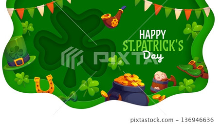 Paper cut happy St Patrick's day greeting card. Saint Patrick celebration papercut vector banner, Irish holiday flyer with shamrock clovers silhouette, leprechaun hat and shoes, pot of golden coins Paper cut happy St Patrick's day greeting card. Saint Patrick celebration papercut vector banner, Irish holiday flyer with shamrock clovers silhouette, leprechaun hat and shoes, pot of golden coins 136946636