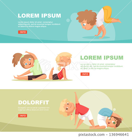 Yoga kids. horizontal banners with kids making yoga practice 136946641