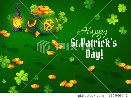 Leprechaun footprints on happy St Patrick's day greeting card. Ireland festival vector flyer, holiday banner. Saint Patrick party poster with leprechaun pot full of golden coins, lantern and clovers Leprechaun footprints on happy St Patrick's day greeting card. Ireland festival vector flyer, holiday banner. Saint Patrick party poster with leprechaun pot full of golden coins, lantern and clovers 136946642