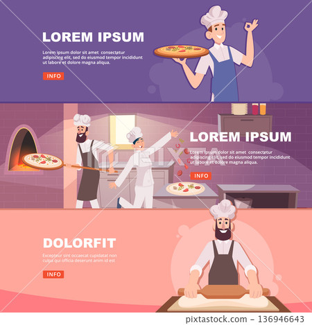 Pizza chef. banners with cooking food in pizzeria. vector template with print design banners 136946643