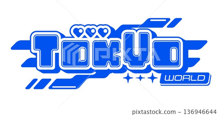 Blue Y2K streetwear Tokyo icon or print. Apparel typography vintage print, clothing text retro isolated vector label element. Streetwear futuristic Y2K emblem or brand graphic funky icon Blue Y2K streetwear Tokyo icon or print. Apparel typography vintage print, clothing text retro isolated vector label element. Streetwear futuristic Y2K emblem or brand graphic funky icon 136946644