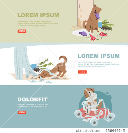 Pets mess. dog destroyed house items. vector banners 136946645