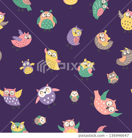Owl pattern. seamless design template with cartoon owls set 136946647