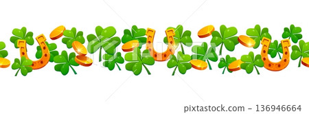 Happy St Patrick's day border frame with lucky horseshoe, shamrock clover leaves and golden coins. Ireland holiday vector frame border. Saint Patrick separator line with horseshoe, clovers and coins Happy St Patrick's day border frame with lucky horseshoe, shamrock clover leaves and golden coins. Ireland holiday vector frame border. Saint Patrick separator line with horseshoe, clovers and coins 136946664