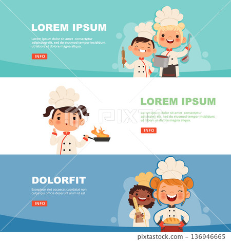 Kids cooking. little cute chef mascot preparing food. vector horizontal banners 136946665