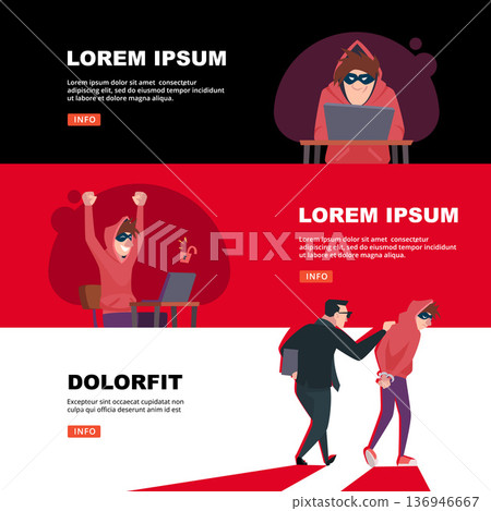 Hacker. firewall hack on pc cyber thief. vector horizontal banners with place for personal text Hacker. firewall hack on pc cyber thief. vector horizontal banners with place for personal text 136946667