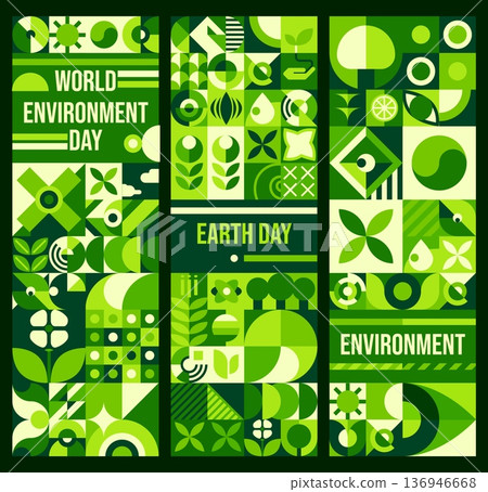 Environment and Earth day vertical banners with geometric nature Bauhaus patterns. World environment, nature protection vector banner or flyer with Bauhaus green shapes. Ecology and Earth day posters Environment and Earth day vertical banners with geometric nature Bauhaus patterns. World environment, nature protection vector banner or flyer with Bauhaus green shapes. Ecology and Earth day posters 136946668