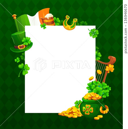 Happy St Patrick's day holiday greeting card frame. March party vector greeting card, Saint Patrick holiday invitation or banner border with leprechaun hat, Ireland flag and horseshoe, pot with gold Happy St Patrick's day holiday greeting card frame. March party vector greeting card, Saint Patrick holiday invitation or banner border with leprechaun hat, Ireland flag and horseshoe, pot with gold 136946670