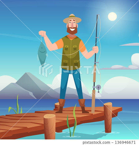 Fisherman. happy character standing on bridge with fishing rod. vector background sea landscape Fisherman. happy character standing on bridge with fishing rod. vector background sea landscape 136946671