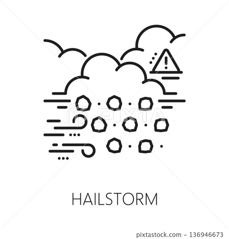 Hailstorm natural disaster, cataclysm line icon. Environmental destruction accident thin line pictogram, natural disaster vector icon. Hailstorm destruction symbol with ice hails, wing and clouds 136946673