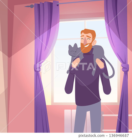 Cat lover. happy man holding little kitten. vector cartoon background with people and pets hugging Cat lover. happy man holding little kitten. vector cartoon background with people and pets hugging 136946687