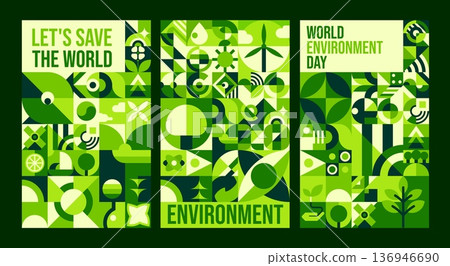 Environment posters with geometric Bauhaus pattern. Nature ecosystem protection graphic Bauhaus abstract shapes vector banner. Ecology, environment saving posters, flyers with green geometric pattern Environment posters with geometric Bauhaus pattern. Nature ecosystem protection graphic Bauhaus abstract shapes vector banner. Ecology, environment saving posters, flyers with green geometric pattern 136946690