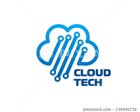 Cloud technology company or service abstract icon. Internet connection digital solution company vector symbol, data hosting startup icon. Network software sign with electronics motherboard blue traces Cloud technology company or service abstract icon. Internet connection digital solution company vector symbol, data hosting startup icon. Network software sign with electronics motherboard blue traces 136946736