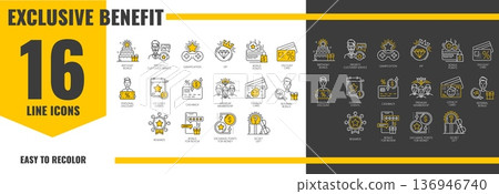 Exclusive benefit loyalty and coupon icons, gift and reward, prize and VIP offer pictograms. Vector line special benefits icons set of bonus star, money voucher, loyalty card, premium member discount 136946740
