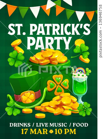Happy St Patrick's day party flyer or banner. Irish holiday vector flyer, Saint Patrick festival greeting card or poster with leprechaun hat, gold cauldron, green ale, shamrock clover and flag garland 136946758