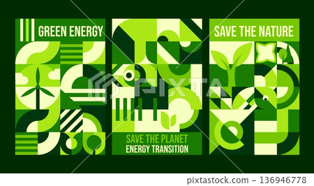 Save the nature posters with geometric bauhaus pattern. Environment pollution Bauhaus pattern vector card, planet Earth protection green artwork flyers. Sustainable ecology abstract forms posters 136946778