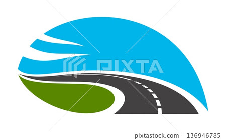 Asphalt highway road graphic icon or emblem. Speed road symbol, freeway route abstract vector emblem. Highway asphalt way graphic label or icon with road merging with nature green field and blue sky Asphalt highway road graphic icon or emblem. Speed road symbol, freeway route abstract vector emblem. Highway asphalt way graphic label or icon with road merging with nature green field and blue sky 136946785