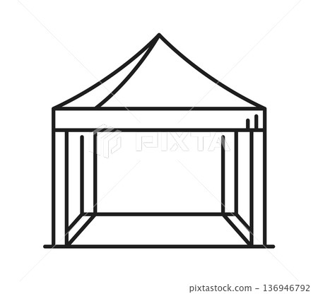 Exhibition ad booth and tent stand display line icon or pictogram. Trade show outdoor display booth outline sign, business exhibition or fair advertising kiosk stand thin line vector pictogram or icon 136946792