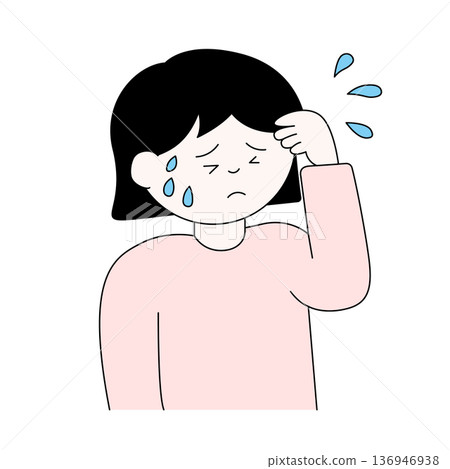 Color illustration of a young woman with an anxious expression and cold sweat 136946938