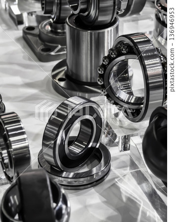 Collection of metal ball bearings and industrial components on display at a manufacturing expo Collection of metal ball bearings and industrial components on display at a manufacturing expo 136946953