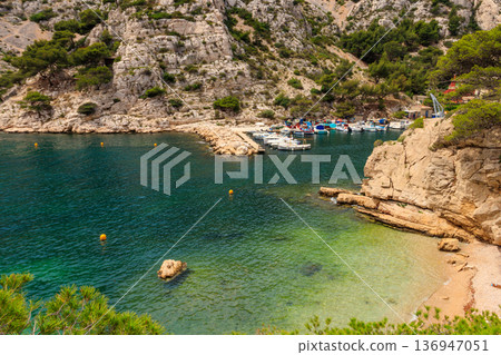 View of Calanque de Morgiou on the Mediterranean shore between Marseille and Cassis in the south of France 136947051