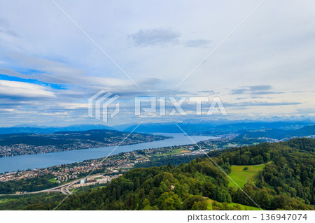Aerial panorama of Zurich city and Lake Zurich from the Uetliberg mountain, Switzerland 136947074
