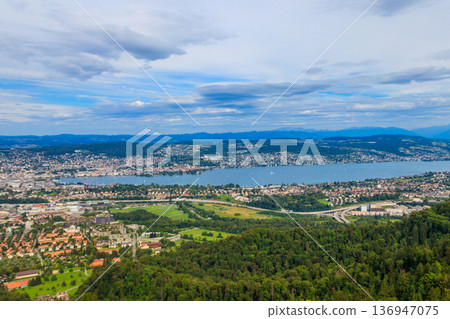 Aerial panorama of Zurich city and Lake Zurich from the Uetliberg mountain, Switzerland Aerial panorama of Zurich city and Lake Zurich from the Uetliberg mountain, Switzerland 136947075