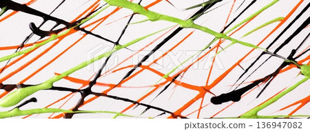 Abstract white art background with black, green, orange acrylic chaotic lines pattern and thin hand drawn brush strokes Abstract white art background with black, green, orange acrylic chaotic lines pattern and thin hand drawn brush strokes 136947082