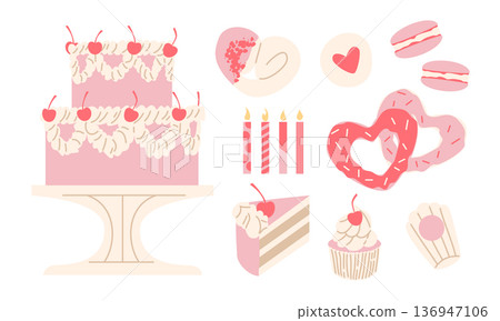 Cute Pink Dessert Set — Cake, Donuts, Macarons and Sweets Vector Illustration Cute Pink Dessert Set — Cake, Donuts, Macarons and Sweets Vector Illustration 136947106