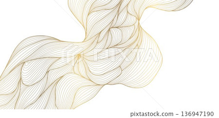 Elegant gold line floral pattern on white background, abstract waves, flowing curves, botanical elements. Luxury vector illustration, Japanese, Chinese ornament, geometric deco style, premium Elegant gold line floral pattern on white background, abstract waves, flowing curves, botanical elements. Luxury vector illustration, Japanese, Chinese ornament, geometric deco style, premium 136947190