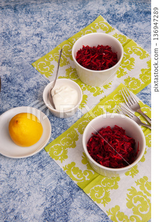 Salad of Grated Raw Beetroot with Grated Raw Carrot, Apple and Orange. Salad of Grated Raw Beetroot with Grated Raw Carrot, Apple and Orange. 136947289
