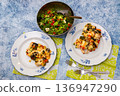 Baked Casserole of Broccoli with Chicken and Vegetables an Salad of Iceberg Lettuce. 136947290