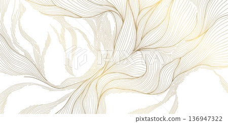 Elegant gold line floral pattern on white background, abstract waves, flowing curves, botanical elements. Luxury vector illustration, Japanese, Chinese ornament, geometric deco style Elegant gold line floral pattern on white background, abstract waves, flowing curves, botanical elements. Luxury vector illustration, Japanese, Chinese ornament, geometric deco style 136947322