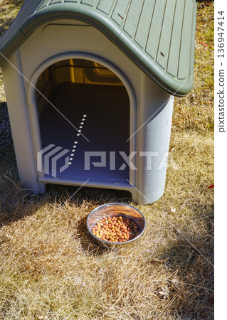 Dog house and dog food in the garden Dog house and dog food in the garden 136947414