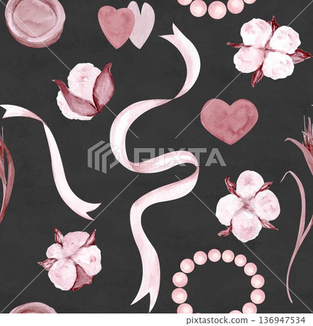 Cotton flowers, flowing ribbons, pearl accents, repeating design for luxury branding, packaging, stationery, textiles romantic design. Elegant seamless watercolor pattern. Soft blush on dark grey Cotton flowers, flowing ribbons, pearl accents, repeating design for luxury branding, packaging, stationery, textiles romantic design. Elegant seamless watercolor pattern. Soft blush on dark grey 136947534