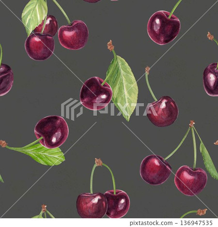 Hand painted watercolor seamless pattern with ripe cherry berries, green leaves on dark gray green background. Designed for premium packaging, luxury textiles, wallpaper and elegant surface design. Hand painted watercolor seamless pattern with ripe cherry berries, green leaves on dark gray green background. Designed for premium packaging, luxury textiles, wallpaper and elegant surface design. 136947535