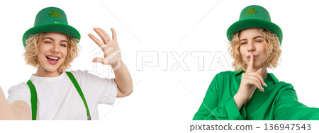 Girl in green has fun at St Patricks Day, isolated, PNG 136947543