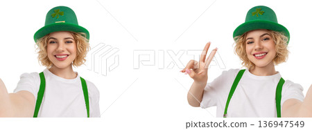 Young woman poses happily in festive attire, isolated, PNG Young woman poses happily in festive attire, isolated, PNG 136947549