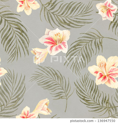 Lush palm leaves, blooming lilies seamless watercolor pattern on grey background. Hand-painted art perfect for tropical-themed design, stationary, packaging home decor, and textile. Warm pastel colors 136947550