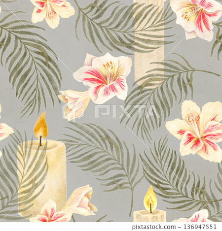Lilies, palm leaves and candles, hand-painted seamless watercolor pattern with neutral tones on gray, elegant decorative background for textile, wallpaper, packaging, branding, modern surface design Lilies, palm leaves and candles, hand-painted seamless watercolor pattern with neutral tones on gray, elegant decorative background for textile, wallpaper, packaging, branding, modern surface design 136947551