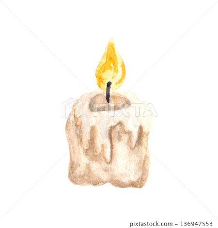 Short candle with melted wax watercolor illustration isolated on white. Ideal Christian design, church media, devotional, spiritual content. Symbol of prayer, silence, inner reflection during Lent 136947553