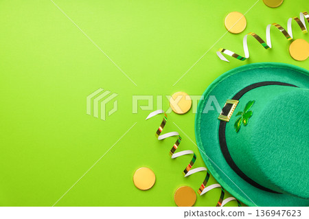 Green background with a leprechaun hat and gold coins Green background with a leprechaun hat and gold coins 136947623