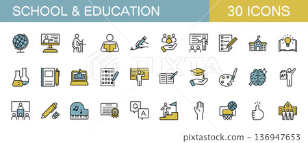 學校和教育線條圖示集（彩色） 136947653