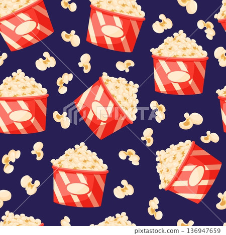 Popcorn seamless pattern. Red striped popcorn bucket and kernels. Cinema snack, movie watching food. Print for fabric, textile, wallpaper, nowaday vector background 136947659