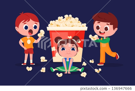 Children and popcorn. Funny cartoon kids eating popcorns kernels from giant striped bucket. Happy tv show, movie or cartoon watching time, nowaday vector concept 136947666