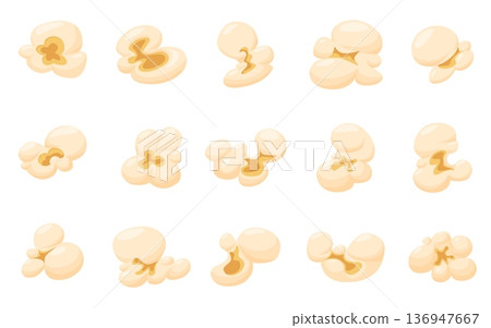 Cartoon popcorn grains. Cinema snack, kernels popcorns for watching tv at home or movie theater. Salty, sweet snacks for entertainment time, nowaday vector grain Cartoon popcorn grains. Cinema snack, kernels popcorns for watching tv at home or movie theater. Salty, sweet snacks for entertainment time, nowaday vector grain 136947667
